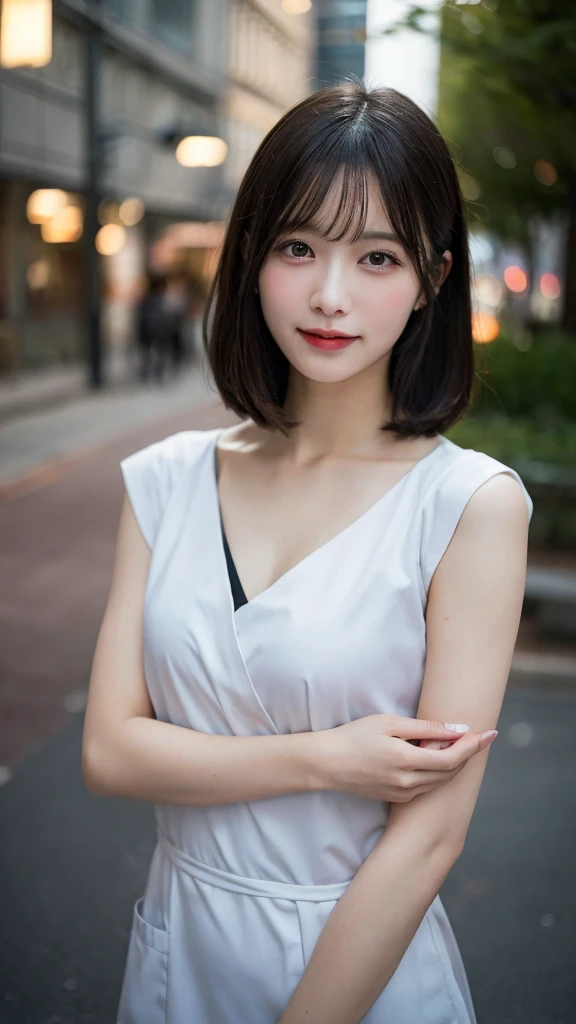 Random pose, Mix 4, (8K, Raw photo, Highest quality, masterpiece: 1.45), (Realistic, Photorealistic: 1.37), One Girl, cute, Laughter、Cityscape, night, Professional Lighting, Plain,garden,Photon Mapping, Radio City, Physically Based Rendering, Gradient black hair, Gray Hair, Hair Straight Bob Cut,Gal,Handsome, With a girl, Big ample breasts,(Nurse uniform:1.3、Long legs),Highest qualityの写真, High resolution, 1080P, (Clear Face), (Detailed face description), (Detailed hand description), (masterpiece), Lifelike, Extreme light and shadow, Disheveled Hair, masterpiece, Rich details, (Beautiful Faces), (Highest qualityの写真), (masterpiece), Look in front of you, Thin clavicle,Emphasis on armpits、Show lower milk,Nipple erection、