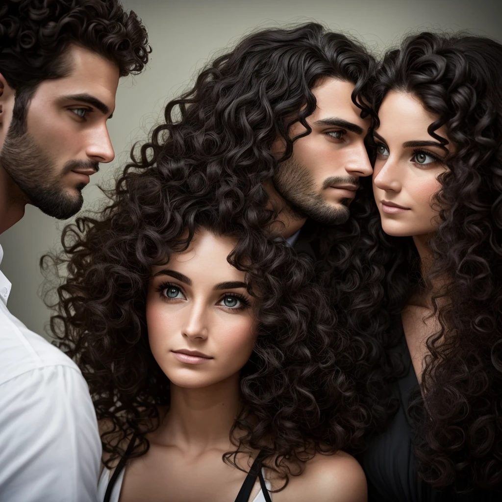 A dark couple, husband and wife looking into eachothers eyes. The man stares down at his wife who has wavy dark long hair and the wife looks up at the man who has curly fluffy hair. They look dark and eery. Almost scary