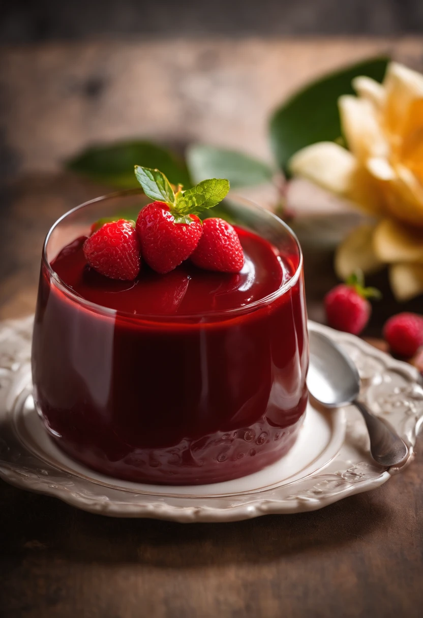 Pudding, delicioso Pudding, realisitic, 4K , professional foto, best photographer in the world, maximum perfection, Pudding com calda de morango, red syrup, Pudding