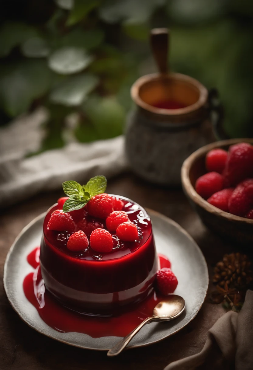 Pudding, delicioso Pudding, realisitic, 4K , professional foto, best photographer in the world, maximum perfection, Pudding com calda de morango, red syrup, Pudding