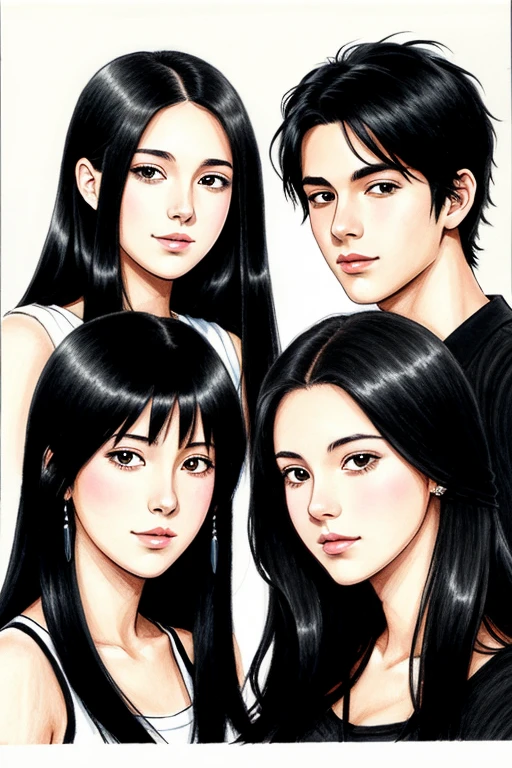 ((Best Quality)) ((anime style drawing)) 3 friends, a white girl with long black hair and a very pretty pompadour, a slightly dark boy with straight black hair, a girl with long and pretty brown hair