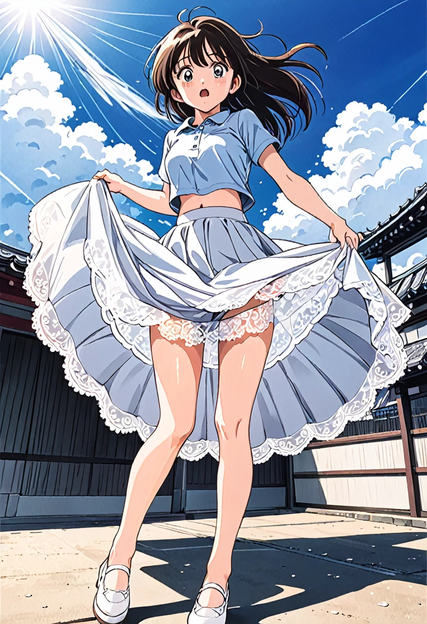 音無響子
Low - Angle、
Low - Angle、Long skirt、Hold down your skirt that is being blown up by the strong wind、Anime white panties in a strong wind、Crotch is visible
ローレグのパンツ、Color: White、
Crotch is visible、
、Lined、White lace lining、