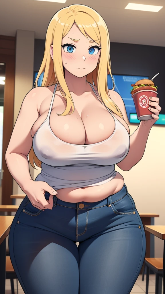 ((Masterpiece)), perfect anatomy, perfect shading, field of depth, (best quality), extremely delicate and beautiful, perfect lighting, detailed face, ultra cute face, cute, (1girl), (solo),

long fluffy blonde hair, blue eyes, ((blush)), nervous, looking at viewer, tank top, jeans, cleavage, large breasts, ((thick thighs)), (wide hips), fat ass, plump, 

intricate background, detailed background, fast food restaurant, standing, 
