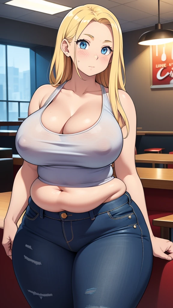 ((Masterpiece)), perfect anatomy, perfect shading, field of depth, (best quality), extremely delicate and beautiful, perfect lighting, detailed face, ultra cute face, cute, (1girl), (solo),

long fluffy blonde hair, blue eyes, ((blush)), nervous, looking at viewer, tank top, jeans, cleavage, large breasts, ((thick thighs)), (wide hips), fat ass, plump, 

intricate background, detailed background, fast food restaurant, standing, 
