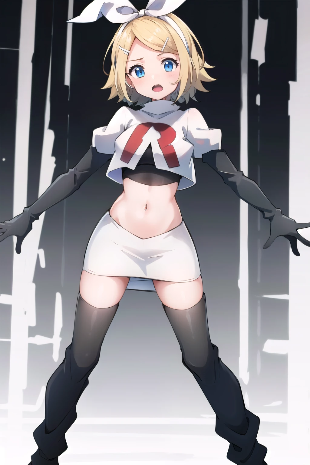 masterpiece, best quality, absurdres, perfect ???????, 1girl, solo, Kagamine Rin, short hair, bow, team rocket,team rocket uniform,white skirt,red letter R,crop top,black thigh-highs,black elbow gloves