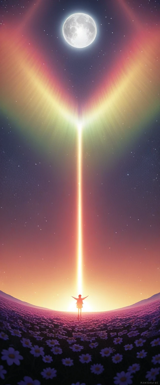 Vast landscape photography, (View from below, There is a sky above、Below is a wide field), A girl standing in a flower field looking up, (full moon: 1.2), (meteor: 0.9), (nebula: 1.3), Distant Mountain々 , wood々destroys art, (Warm Light: 1.2), (fire Fly: 1.2), Light, Lots of purple and orange, Intricate details, Volumetric lighting, Realism BREAK (masterpiece: 1.2), (Highest quality), 4K, Super detailed, (Dynamic configuration: 1.4), Very detailed, Colorful details, (Rainbow colors: 1.2), (Glow Lighting, Atmospheric lighting), dream-like, Magic, (alone: 1.2)