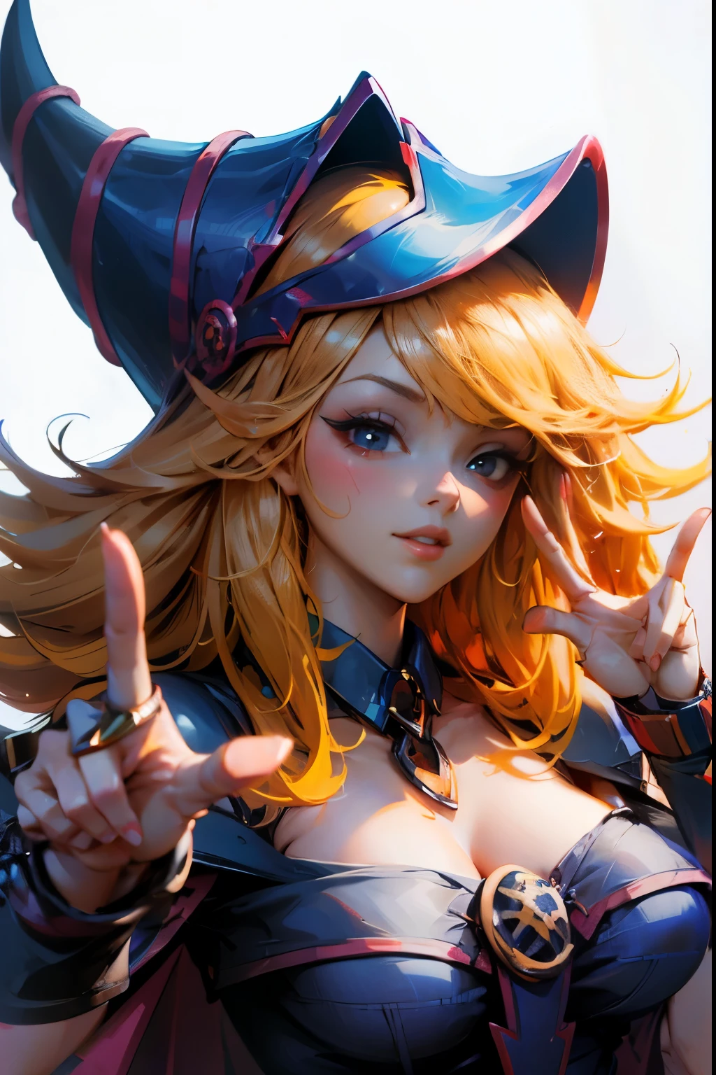 Beautiful dark magician Gils doing the peace and love sign with her fingers. She smiles in a sexy pose while making the peace sign with her hands, smiles and is flirtatious. She is wearing dark, tight jeans and heels