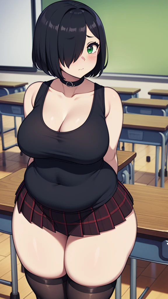 ((highres)), Masterpiece, high quality, best quality, beautiful, perfect lighting, detailed face, ultra cute face, ((1girl)), ((solo)), short black hair, hair over one eye, green eyes, pale skin, ((blush)), shy, arms behind back, (black tank top), (short plaid pleated skirt), thigh highs, chocker, large breasts, (wide hips), (thick thighs), chubby, standing in a classroom,