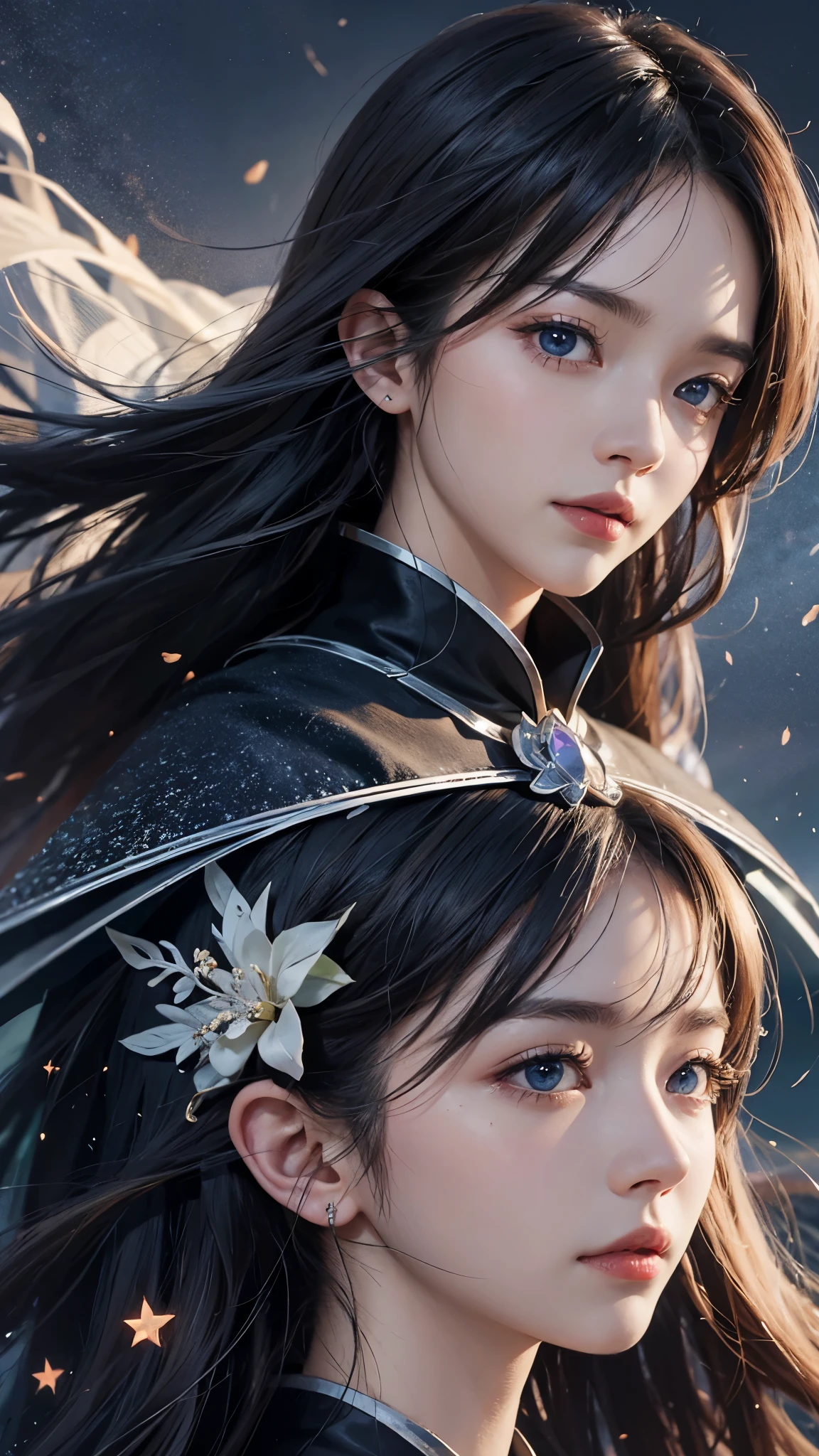 with high definition images,Young beautiful woman、Boat solo、Heroic Cape、Lonely、Highest quality、4K、HDR、Sea of stars、romantic、small、Sharp Focus、Super detailed、landscape、idealism、Large sword、dusk、High contrast、Dreamy atmosphere、Realistic、Black Hair、Piercing blue eyes、Stoic expression、Device、far away、Bokeh、Dramatically illuminated、Enchanting。