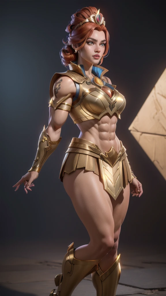 A woman in a gold outfit posing for a photo (best quality:1.33), (masterpiece:1.42),(semi realistic:1.3), (detailed:1.15),(film grain, skin details, 4k:1), Dappled Light, analog style (look at viewer) (skin texture) (film grain), (hyper realistic texture skin:1.3), cinematic light, sidelighting, ultra high res, best shadow, RAW, (Dutch angle:1.1), photoshoot of amazing the 
TeelaQuiron character,  1girl, (red hair),  gold tiara, gold armor, muscle legs, abs,  Classic headshot pose, 
 