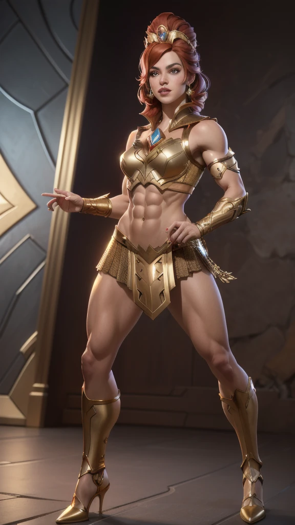 A woman in a gold outfit posing for a photo (best quality:1.33), (masterpiece:1.42),(semi realistic:1.3), (detailed:1.15),(film grain, skin details, 4k:1), Dappled Light, analog style (look at viewer) (skin texture) (film grain), (hyper realistic texture skin:1.3), cinematic light, sidelighting, ultra high res, best shadow, RAW, (Dutch angle:1.1), photoshoot of amazing the 
TeelaQuiron character,  1girl, (red hair),  gold tiara, gold armor, muscle legs, abs,  Classic headshot pose, 
 