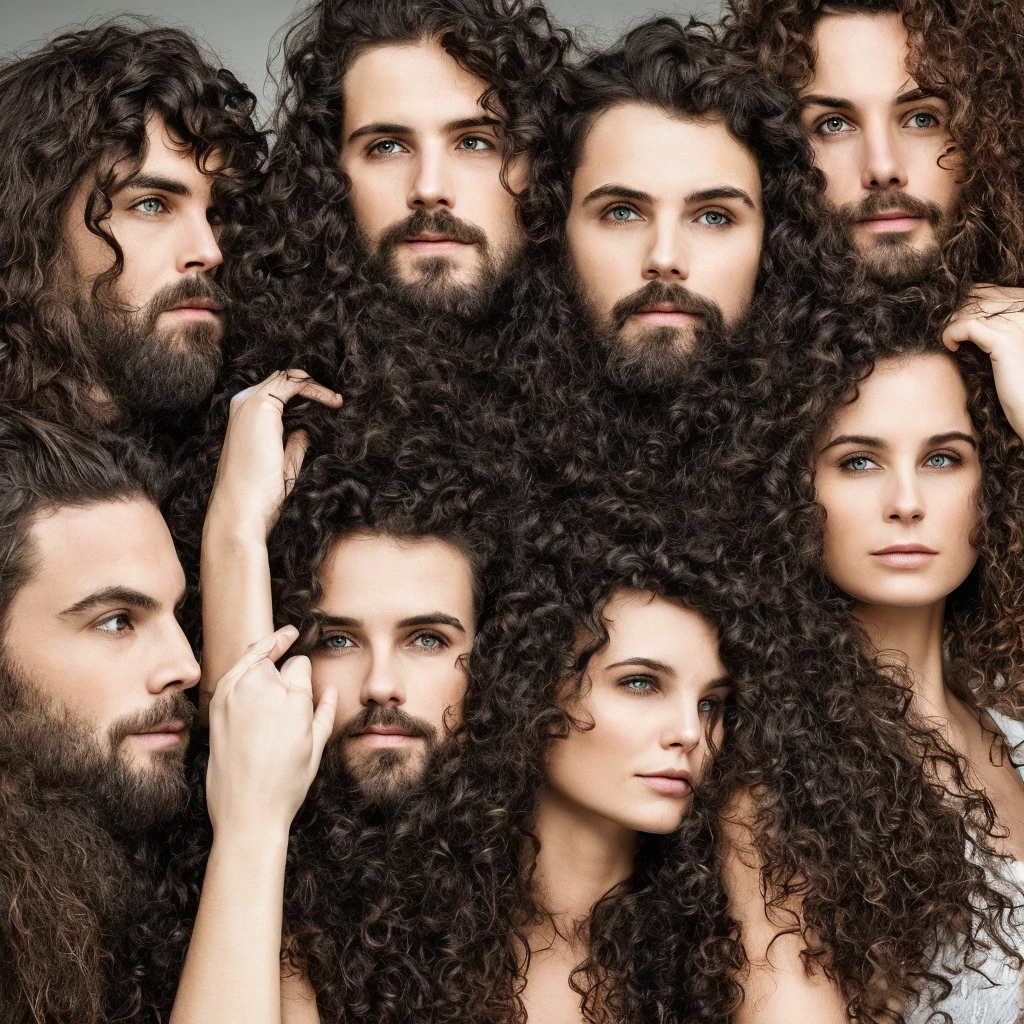 A dark couple, husband and wife looking into eachothers eyes. The man stares down at his wife who has wavy dark long hair and the wife looks up at the man who has curly fluffy hair. They look dark and eery. Almost scary