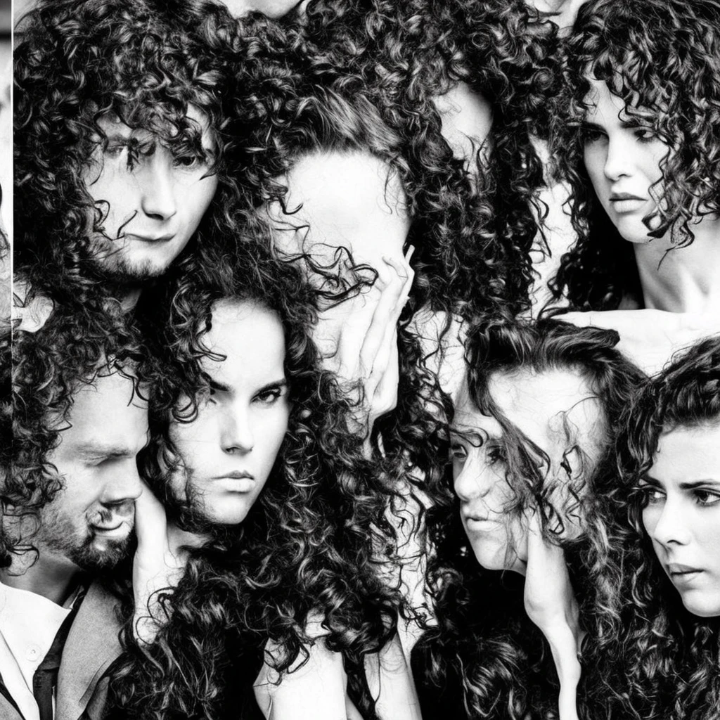 A dark couple, husband and wife looking into eachothers eyes. The man stares down at his wife who has wavy dark long hair and the wife looks up at the man who has curly fluffy hair. They look dark and eery. Almost scary