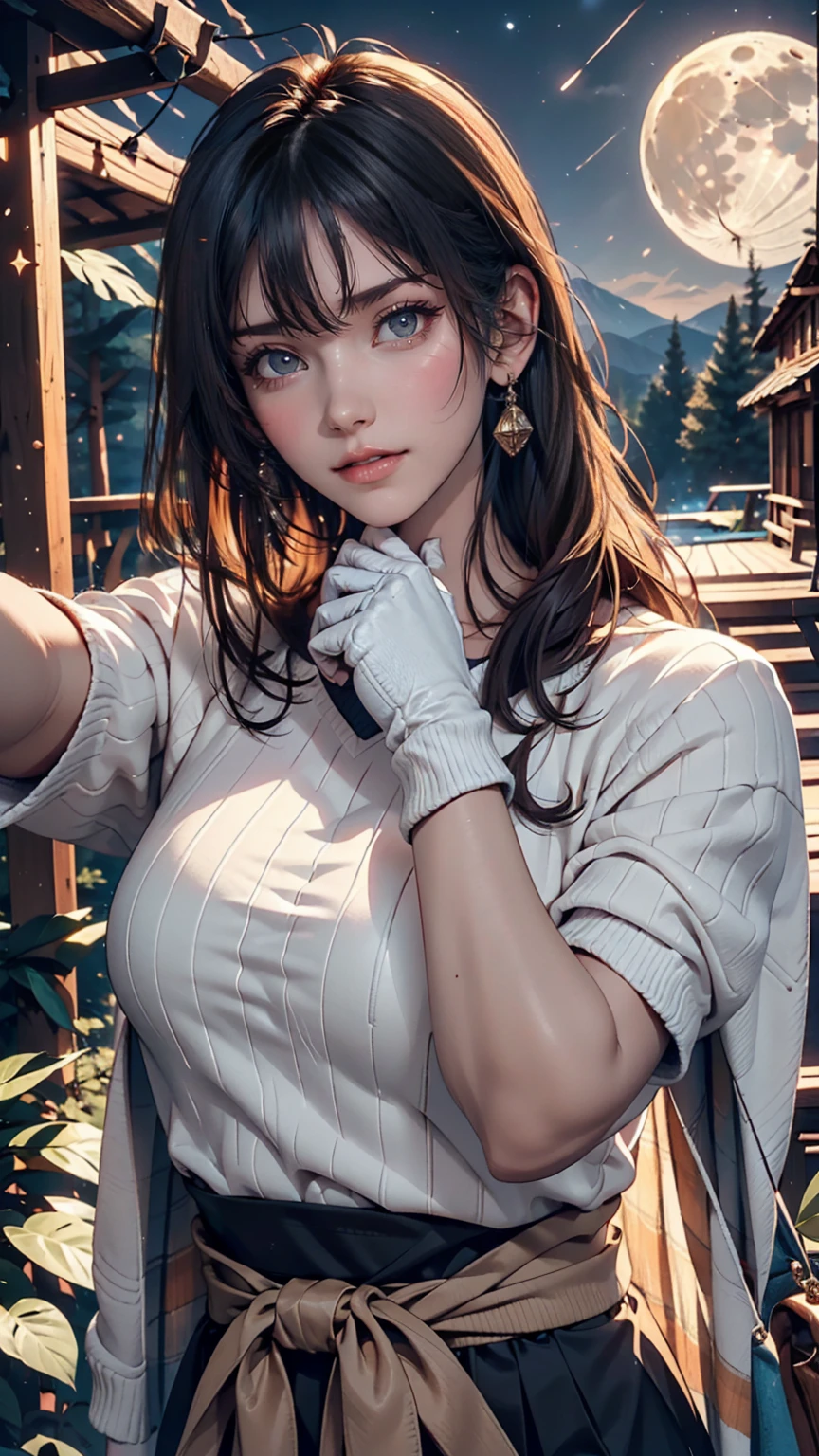 Veronica Cypher ((Upper body selfie, Happy)), masterpiece, Highest quality, Super detailed, alone, Outdoor, (night), Mountain, nature, (star, moon) Hilarious, Happy, Gloves, sweater, Have, flashlight, forest, rock, river, wood, cigarette, Shadow, Contrast, sunny, Analog Style (View the viewer:1.2) (Skin Texture) (Film Grain: 1.3), (Warm colors, Warm tones): 1.2), close, Cinematic Light, Side light, Ultra-high resolution, Best Shadow, born, Wearing a pullover, Kodak Vision 3,、Sexy proportions、Sexy、Narrow waist