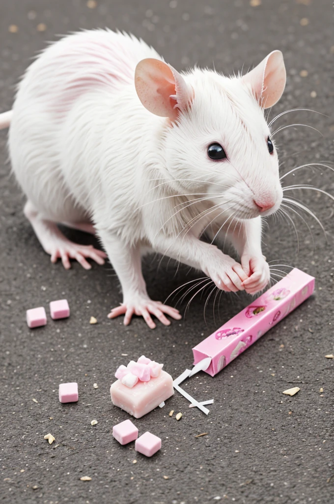 Anime white and pink rat eating candy