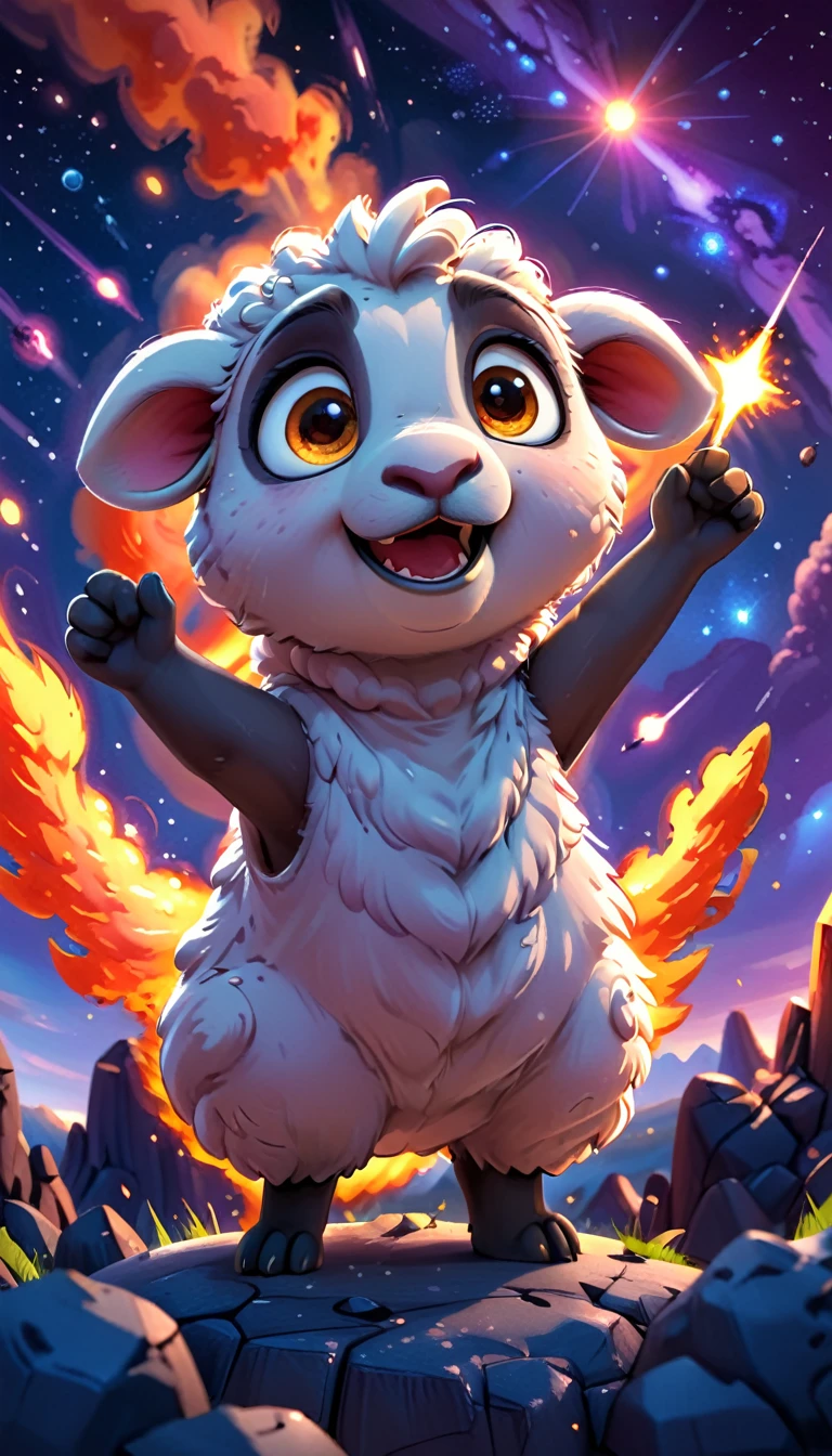 cute sheep, standing on meteor ,cartoon, meteor, fire sky,arms, , cute eyes, looking at viewer, hands up, effects background, particles