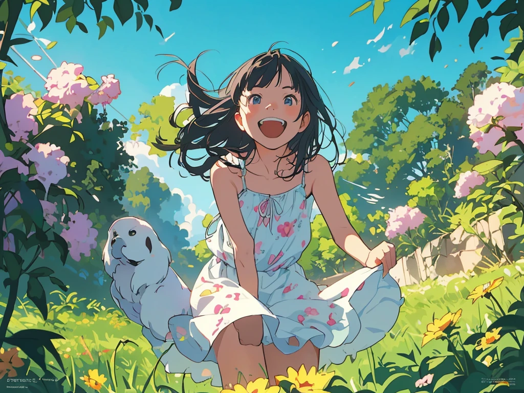 Reasonable design, Clear lines, High Sharpness, (Highest quality,8K,Perfect sharpness,Ultra fine,High resolution,masterpiece:1.2), Perfect Anatomy:1.5, Official Art, Illustrations that tell a story, (Whitish background:0. 9）、Body Positivity、多Mr.な身体表現、（Random and energetic poses）、Perfect beauty、Perfect beautiful face、Strong winds、A rich expression、Dynamic composition、smile、Golden ratio composition、colorful、（(Mr.々Different angles and perspectives)）、Anime Art、(Mini dress)、（Overcoming stereotypes）、 Glowing Skin、（Natural beauty）、smile、Bangs、（Soft and flowing hair）、（countryside）、（Nostalgic atmosphere）、Put up to your feet、（Playful and carefree）、（多Mr.な民族のキャラクター）、（innocent attitude）、（Sunny atmosphere）、(The skirt flutters wildly in the wind)、（Bright colors）、Beautiful Eyes、(Embarrassing)、Braided Hair、Summer Scene、Smiling among flowers、Angle from below、