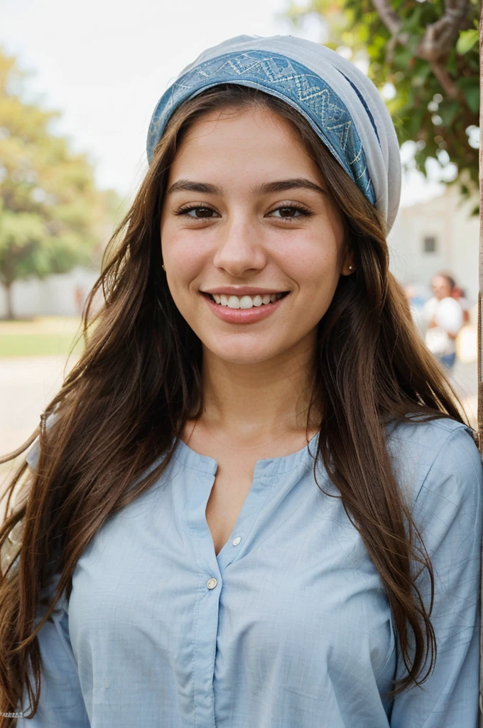 a photo-realistic portrait of a beautiful Palestinian woman with long brown hair, blue shirt, white teeth, and a cute smile, with highly detailed and realistic facial features, modest expression, and realistic white skin tone