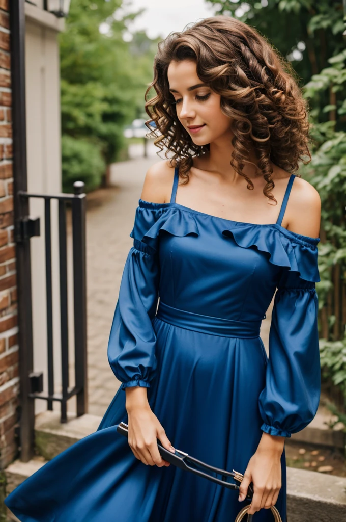 Woman with shoulder length curly hair playing in blue lock