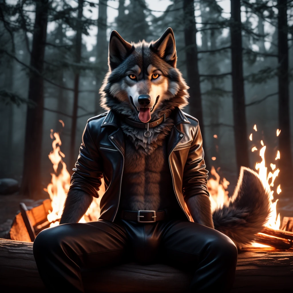 Sitting in front of campfire on log, Male, 30 years old, happy, mouth open with tongue hanging out, black leather jacket, anthro, wolf ears, (black fur:1.5), wolf, forest background, 8k, hi res, (best quality, masterpiece), (wolf tail:1.5), detailed fur, solo, looking at camera, night, leash, collar,