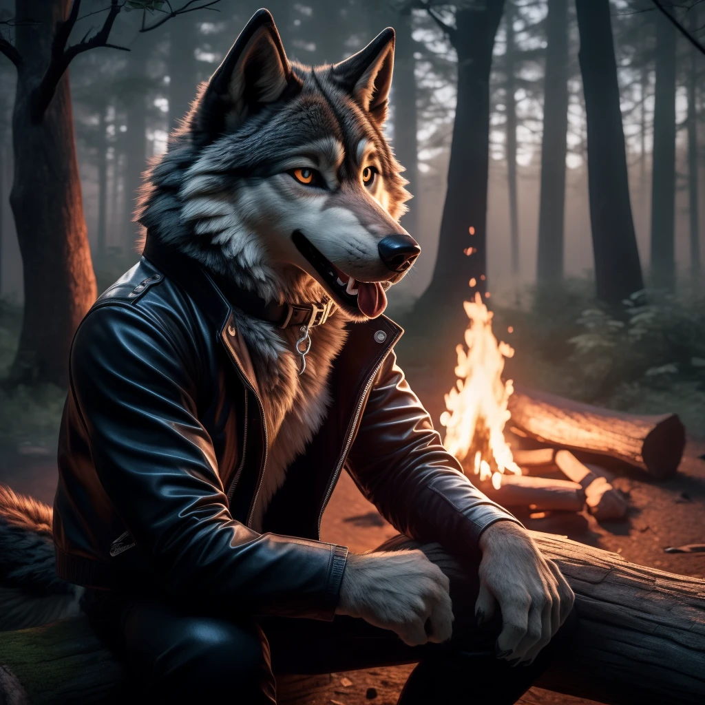 Sitting in front of campfire on log, Male, 30 years old, happy, mouth open with tongue hanging out, black leather jacket, anthro, wolf ears, (black fur:1.5), wolf, forest background, 8k, hi res, (best quality, masterpiece), (wolf tail:1.5), detailed fur, solo, looking at camera, night, leash, collar,