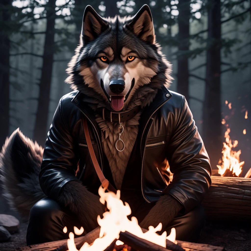 Sitting in front of campfire on log, Male, 30 years old, happy, mouth open with tongue hanging out, black leather jacket, anthro, wolf ears, (black fur:1.5), wolf, forest background, 8k, hi res, (best quality, masterpiece), (wolf tail:1.5), detailed fur, solo, looking at camera, night, leash, collar,