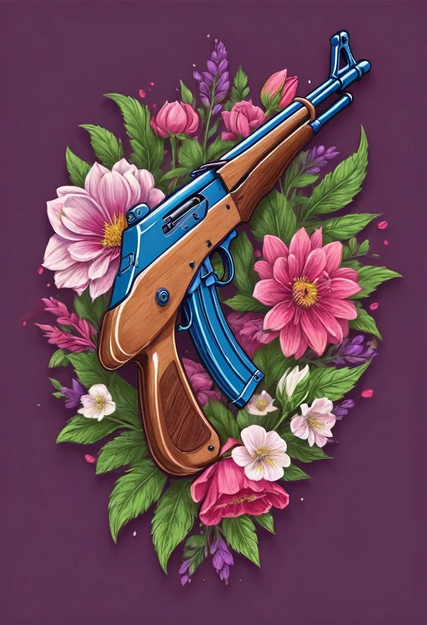 Create a high-quality logo for a clothing brand. The logo should prominently feature an AK-47 assault rifle, clearly depicted as shooting vibrant, colorful flowers from its barrel. The background should be dark to make the rifle and flowers stand out. The style of the logo should be modern, artistic, and visually striking, suitable for a trendy fashion brand. The image must be sharp, with intricate details and vibrant colors. The AK-47 should be realistically rendered, and the flowers should be beautifully illustrated, showcasing a variety of colors and shapes. The overall design should evoke a sense of transformation, blending elements of strength and beauty, symbolizing the shift from violence to peace. The dark background should enhance the contrast and visual impact of the design.