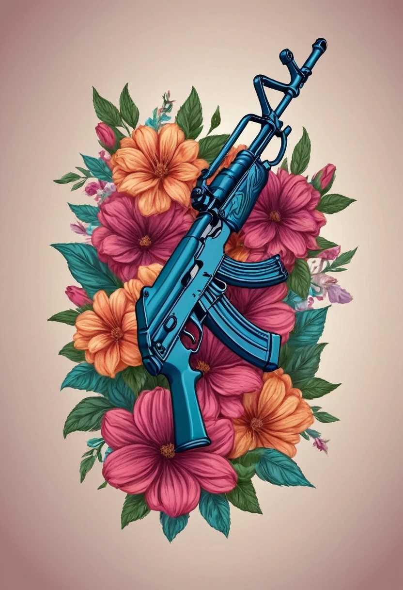 Create a high-quality logo for a clothing brand. The logo should prominently feature an AK-47 assault rifle, clearly depicted as shooting vibrant, colorful flowers from its barrel. The background should be dark to make the rifle and flowers stand out. The style of the logo should be modern, artistic, and visually striking, suitable for a trendy fashion brand. The image must be sharp, with intricate details and vibrant colors. The AK-47 should be realistically rendered, and the flowers should be beautifully illustrated, showcasing a variety of colors and shapes. The overall design should evoke a sense of transformation, blending elements of strength and beauty, symbolizing the shift from ???????? to peace. The dark background should enhance the contrast and visual impact of the design.