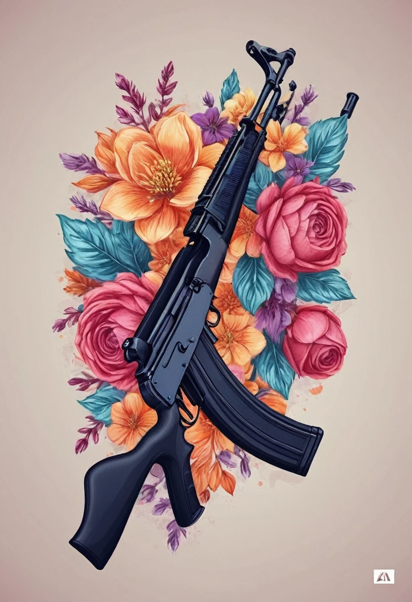 Create a high-quality logo for a clothing brand. The logo should prominently feature an AK-47 assault rifle, clearly depicted as shooting vibrant, colorful flowers from its barrel. The background should be dark to make the rifle and flowers stand out. The style of the logo should be modern, artistic, and visually striking, suitable for a trendy fashion brand. The image must be sharp, with intricate details and vibrant colors. The AK-47 should be realistically rendered, and the flowers should be beautifully illustrated, showcasing a variety of colors and shapes. The overall design should evoke a sense of transformation, blending elements of strength and beauty, symbolizing the shift from violence to peace. The dark background should enhance the contrast and visual impact of the design.
