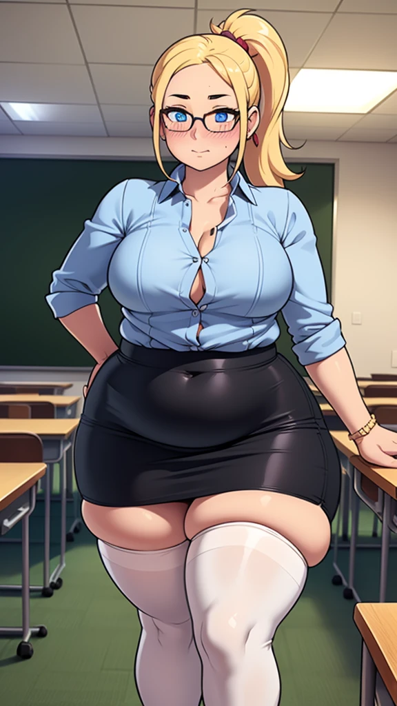 ((highres)), Masterpiece, high quality, best quality, beautiful, perfect lighting, detailed face, ultra cute face, ((1girl)), ((solo), long blonde hair, ponytail, blue eyes, glasses, ((blush)), embarrassed, looking at viewer, arms crossed, standing in a classroom, (office), daytime, dress shirt, pencil skirt, thigh highs, wide hips, ((thick thighs)), ((plump)), medium breasts, perky breasts, 24 year old female,