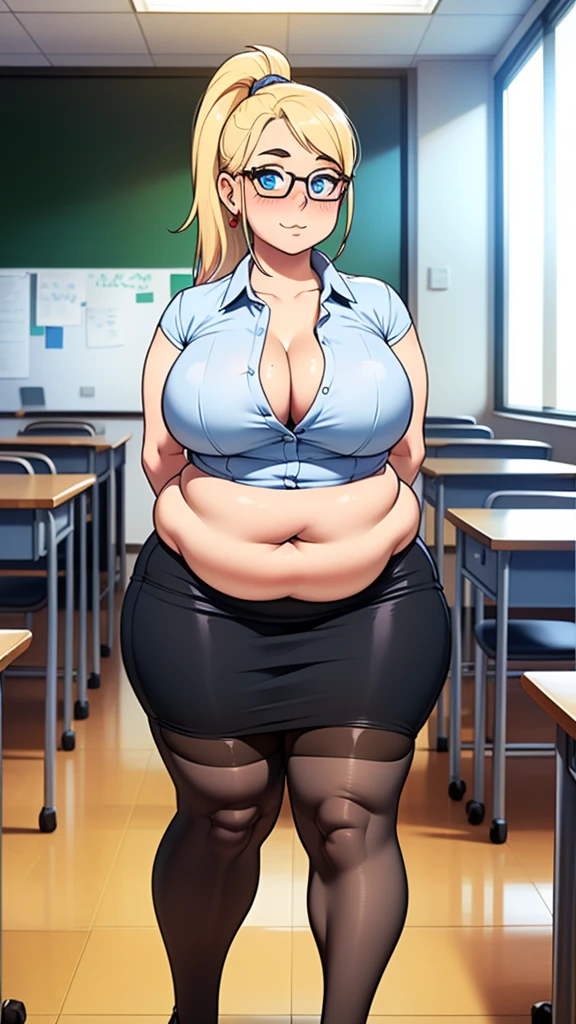 ((highres)), Masterpiece, high quality, best quality, beautiful, perfect lighting, detailed face, ultra cute face, ((1girl)), ((solo), long blonde hair, ponytail, blue eyes, glasses, ((blush)), embarrassed, looking at viewer, arms crossed, standing in a classroom, (office), daytime, dress shirt, pencil skirt, thigh highs, wide hips, ((thick thighs)), ((plump)), medium breasts, perky breasts, 24 year old female,