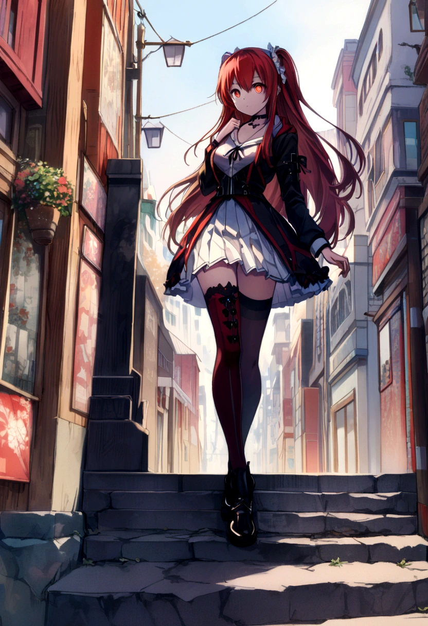 1girl, solo, outdoors, long hair,(Illustration:1.1),(Best Quality),(masutepiece:1.1),(the Extremely Detailed CG Unity 8K Wallpapers:1.1), (Colorful:0.9),(mid-shot:0.95),(extremely detailed beautiful face),(Solo:1.2), (girl),(((Lori))), (Detailed beautiful eyes:1.15), (Beautiful face:1.15), (Glowing red eyes:1.25////),(((red Long Hair))),(two side up),(+perfect hand+:1.21),( a red skirt and a black skirt under the red shirt . red zip up hoodie with a black shirt underneath. White has a black Choker Necklace),(slender),(White pleated skirt),(Gothic),(red thighhighs)),(frilld),(Beautiful Slender ta Girl),standing, girl,