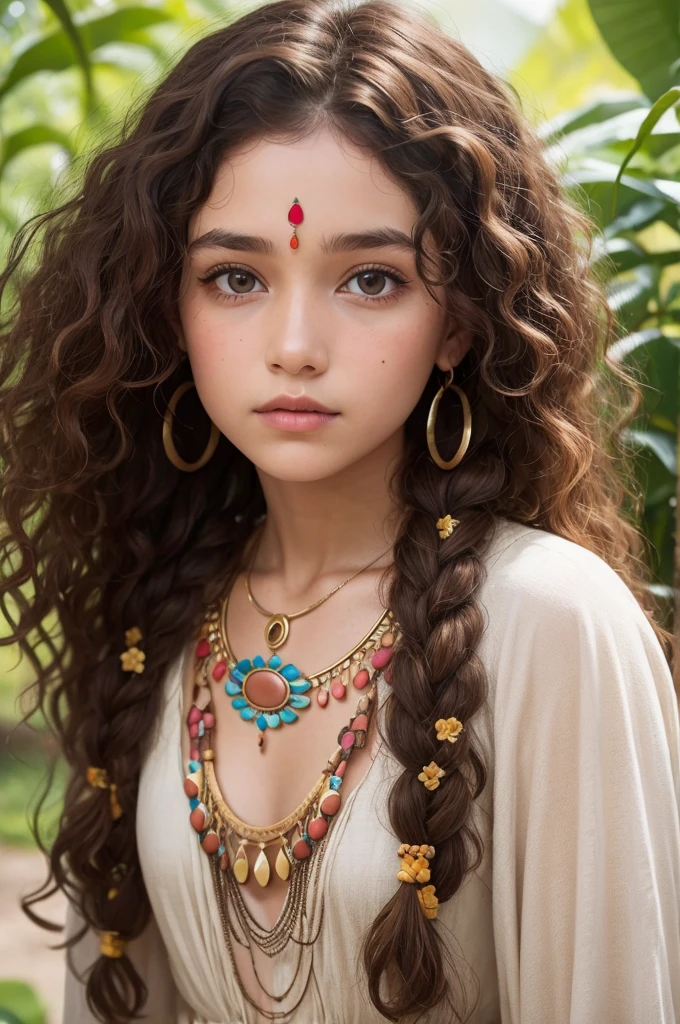 white girl, curly hair hair down to the back, Oval face, eyes browns, hippie clothes, indigenous necklace,
