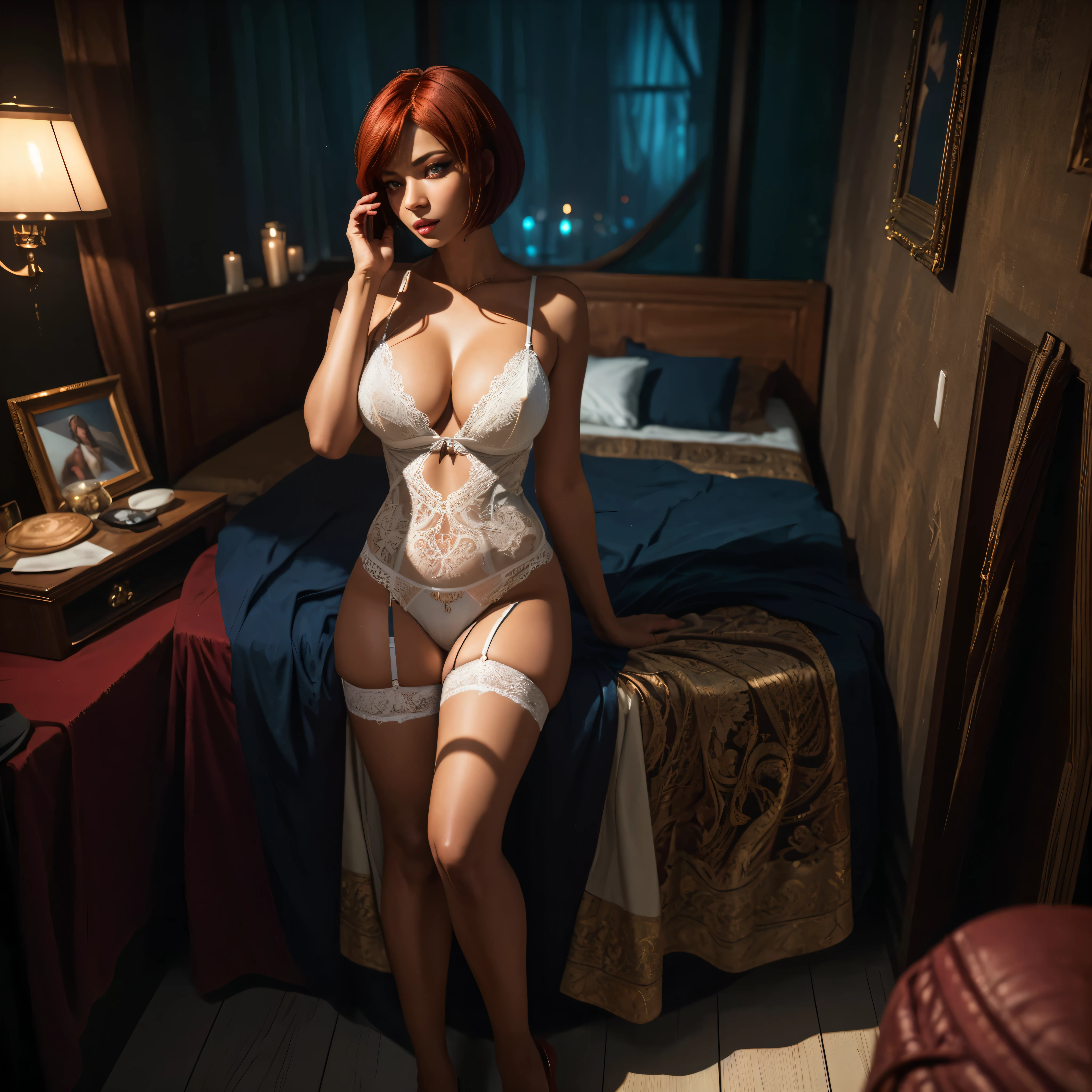 a beautiful woman with dark skin, red bob haircut, expressive blue eyes, wearing white lace lingerie, in a bedroom setting with a sexy, erotic atmosphere, (best quality,4k,8k,highres,masterpiece:1.2),ultra-detailed,(realistic,photorealistic,photo-realistic:1.37),portrait,chiaroscuro lighting,dramatic lighting,cinematic,dramatic colors,rich colors,glowing skin,detailed facial features,sensual,alluring, intricate details,dramatic lighting,cinematic composition,sensual,captivating expression,alluring. HDMI, HDRI, UDHD,((Diffuse effect)), ((volume effect 1.1)), ((Depth of field 1.1)), ((fisheye lens)