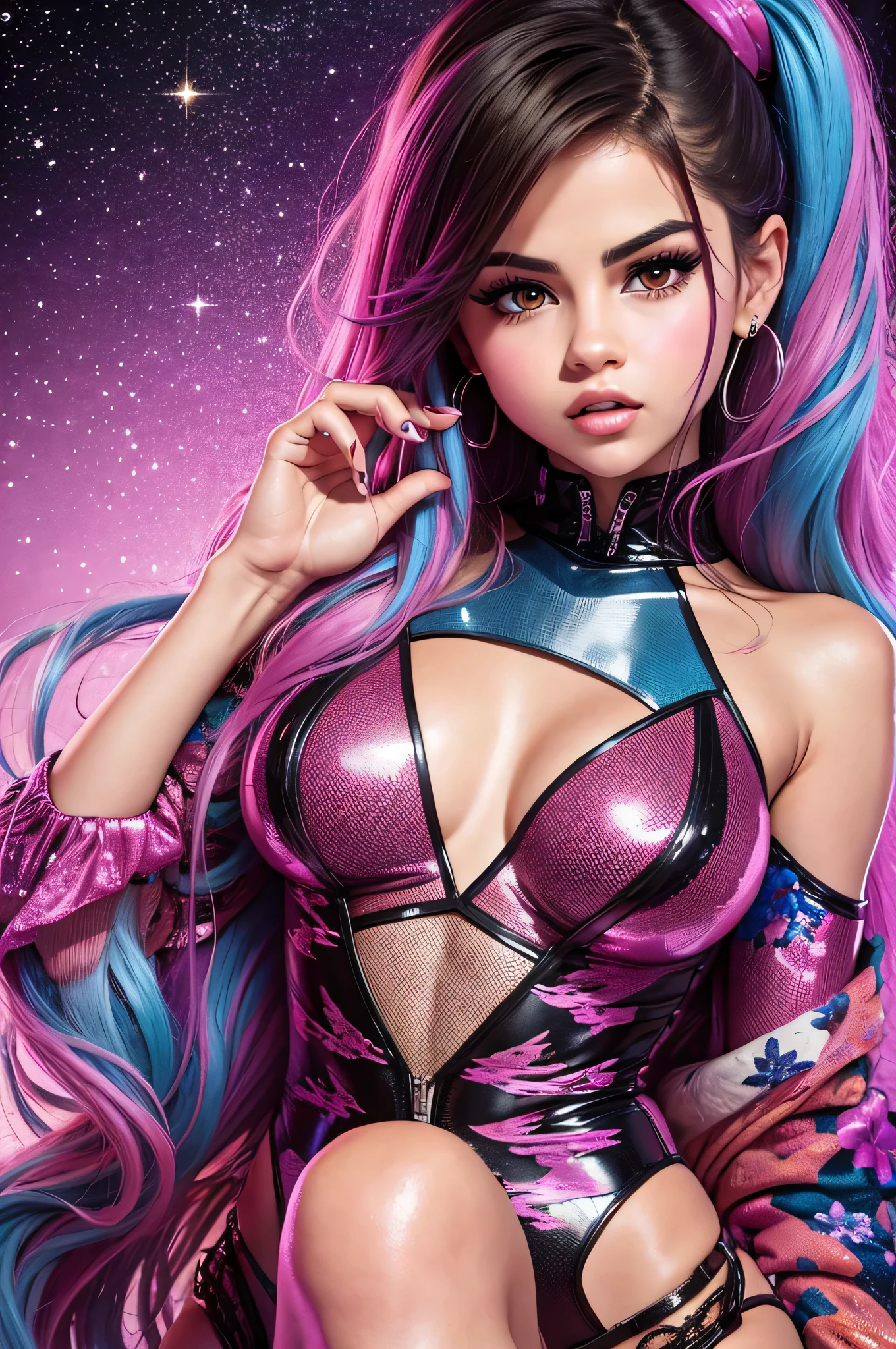 (Selena Gomez), bare belly, naked stomach, see belly, woman with pink and blue makeup and a pink jacket, fishnet.
brown girl in a black dress, cartoon look, ava max, large eyes, lisa frank style, long brown hair and large eyes,
cosmic background
ahegao face, alexa grace, wearing atom punk jumpsuit, inspired by Lisa Frank
glasses