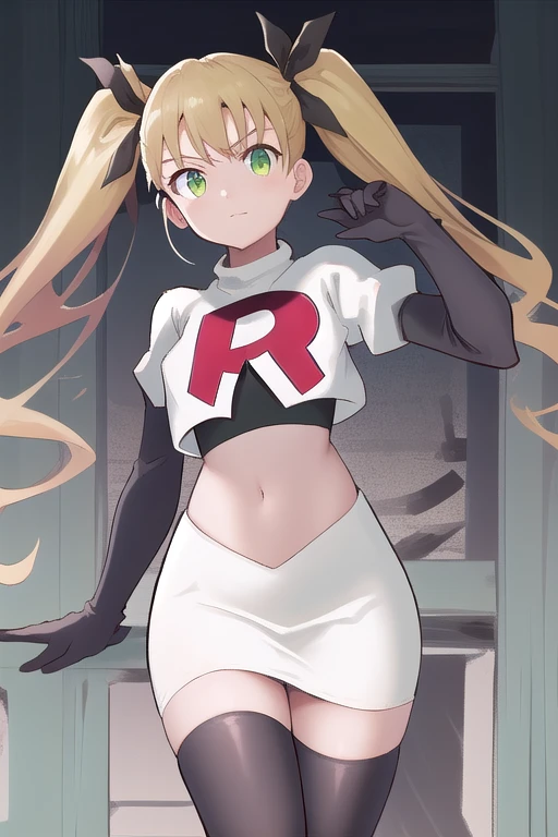 masterpiece, best quality, highres, 1girl twintails hair ribbon, green eyes, team rocket,team rocket uniform,white skirt,red letter R,crop top,black thigh-highs,black elbow gloves