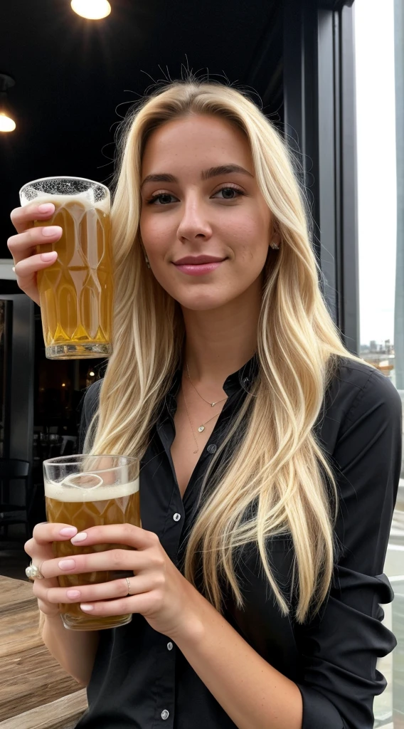 A 23 year old German Texas blonde woman, ((hyper realism)) ,. Blonde hair with light brown roots. blond hair, Hair with brown roots, extra long hair, very long hair, really long hair, Nice, front view, Selfie,  girl holding a glass of beer with busy "Bentonville" spaceship in the background, Photo taken with iPhone, elegant black shirt with escote, low-cut, Selfie in the city,Very good quality, Selfie iPhone, Decollete, smaller nose