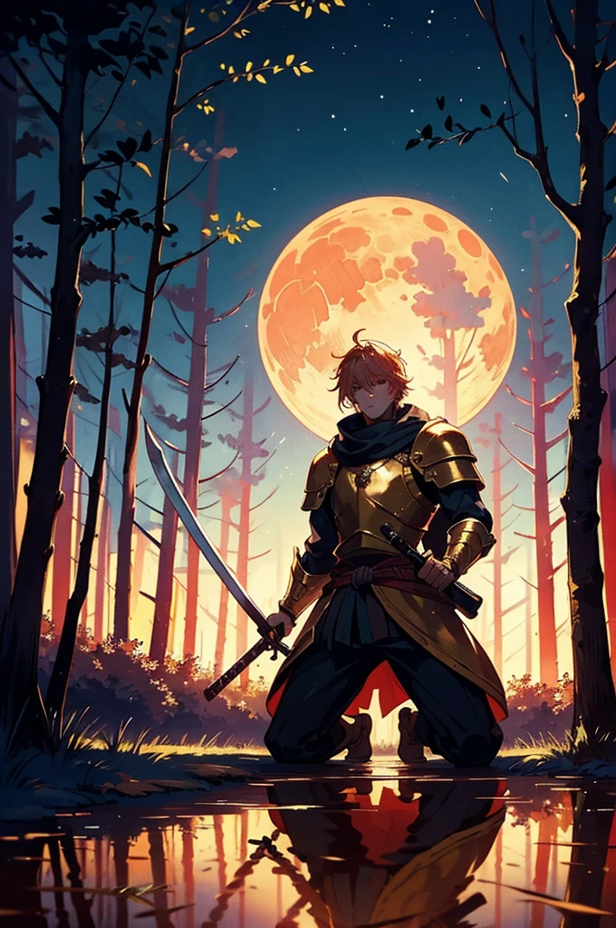 1man, 1sword, a man wearing golden medieval armor, brandishing a sword, spacious forest, in the background the full moon with a reddish tone, reflections of moonlight on the ground, heroic atmosphere