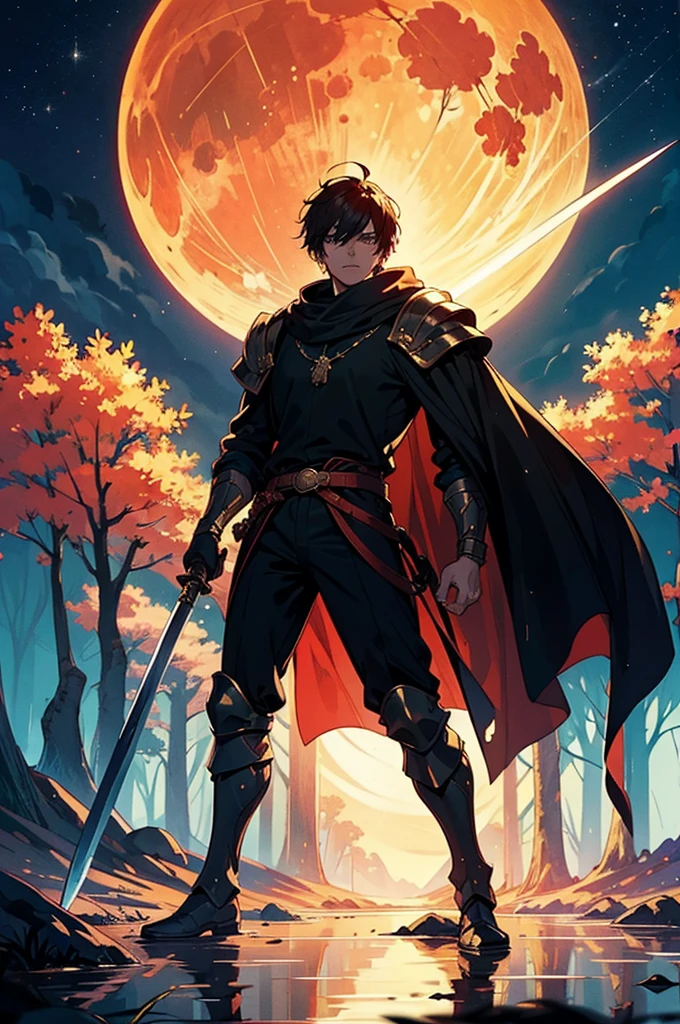 1man, 1sword, a man wearing golden medieval armor, brandishing a sword, spacious forest, in the background the full moon with a reddish tone, reflections of moonlight on the ground, heroic atmosphere