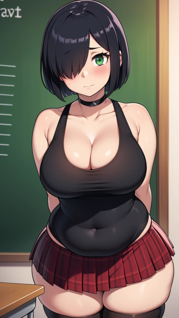 ((highres)), Masterpiece, high quality, best quality, beautiful, perfect lighting, detailed face, ultra cute face, ((1girl)), ((solo)), short black hair, hair over one eye, green eyes, pale skin, ((blush)), shy, arms behind back, (black tank top), (short plaid pleated skirt), thigh highs, chocker, large breasts, (wide hips), (thick thighs), chubby, standing in a classroom,