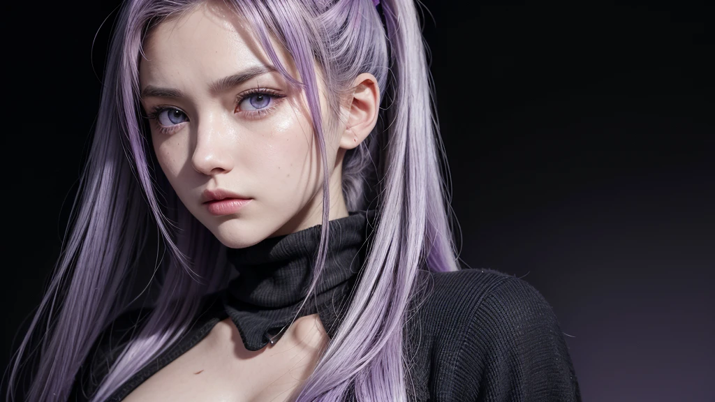 The image is an illustration of a character with a stylized look, typical of anime or manga. Here are some notable details: body hair: The character has long hair, tied in a high ponytail. Hair color is white with purple highlights. eyeballs: The eyes are purple, with a serious, penetrating gaze. Facial expression: The character displays a serious or perhaps slightly irritated expression, with visible scars on the face. Clothing: him/she is wearing a black turtleneck outfit, which appears to be simple and without many details. artistic style: The style is typical of Japanese animation, with clear lines and a striking use of contrasting colors (white and purple hair, purple in the eyes and black in the clothes). The background is gray and has no additional details., keeping the focus on the character.
