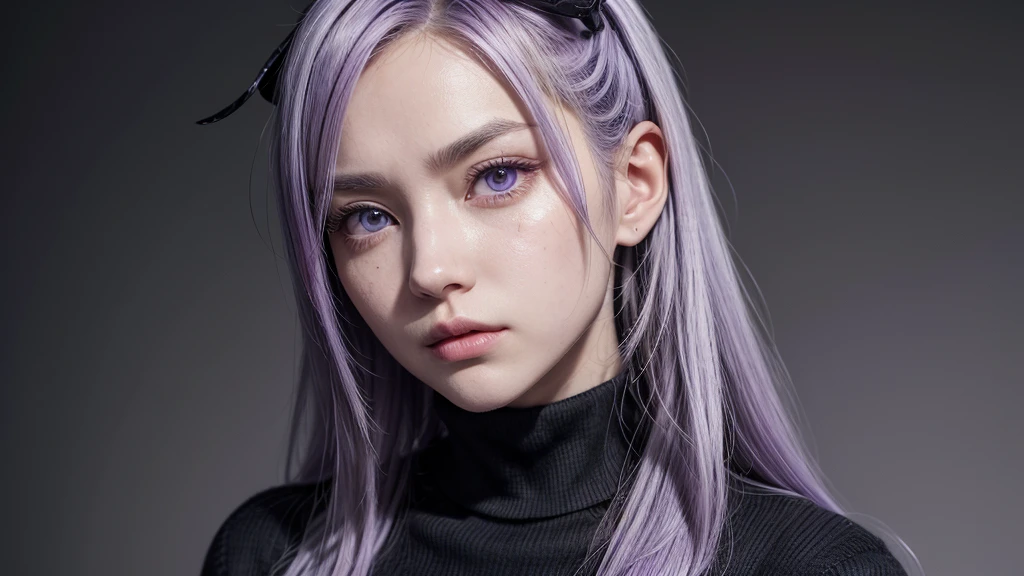 The image is an illustration of a character with a stylized look, typical of anime or manga. Here are some notable details: body hair: The character has long hair, tied in a high ponytail. Hair color is white with purple highlights. eyeballs: The eyes are purple, with a serious, penetrating gaze. Facial expression: The character displays a serious or perhaps slightly irritated expression, with visible scars on the face. Clothing: him/she is wearing a black turtleneck outfit, which appears to be simple and without many details. artistic style: The style is typical of Japanese animation, with clear lines and a striking use of contrasting colors (white and purple hair, purple in the eyes and black in the clothes). The background is gray and has no additional details., keeping the focus on the character.