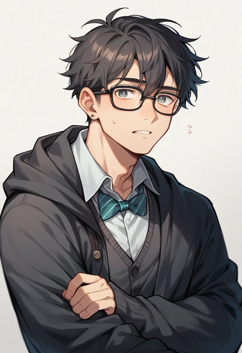 Boy in glasses wearing black cardigan 