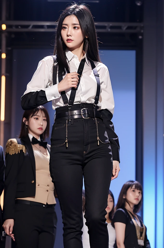 masterpiece、Highest quality、Ultra-high resolution、、colorful、Flat Color、Depth of written boundary、Lens Flare 1 Girl、、Black-haired、Staring at the audience　suit　Dress shirt　belt　suspenders　Working Adults　case　OL　　Black jacket　Glare　Big ample breasts　Sex　jeans