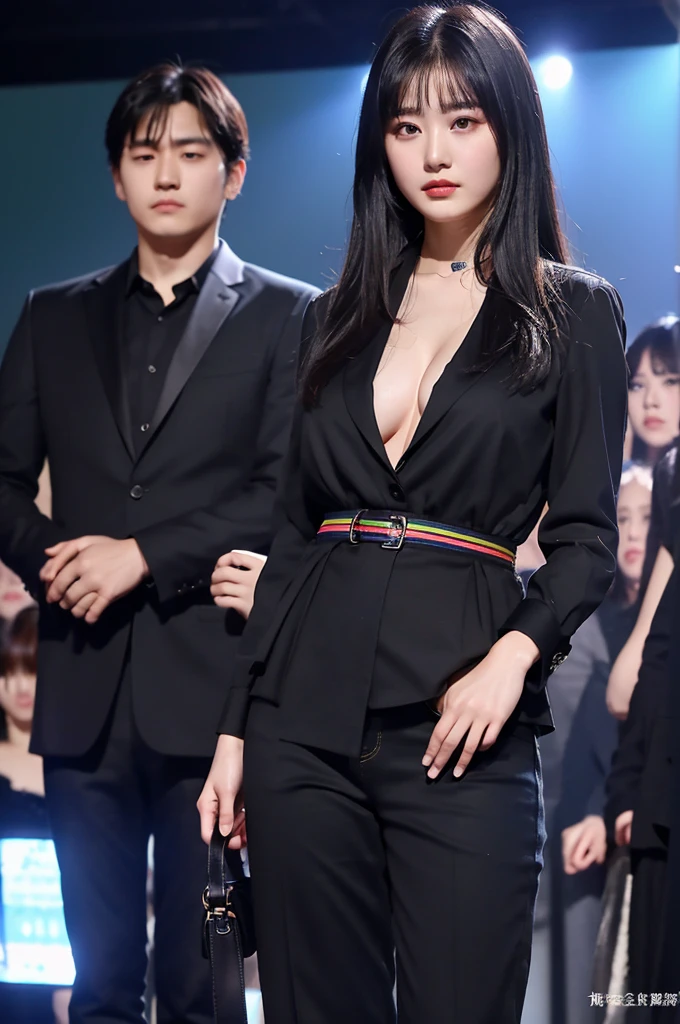 masterpiece、Highest quality、Ultra-high resolution、、colorful、Flat Color、Depth of written boundary、Lens Flare 1 Girl、、Black-haired、Staring at the audience suit Dress shirt belt suspenders Working Adults case OL Black jacket Glare Big ample breasts Sex jeans