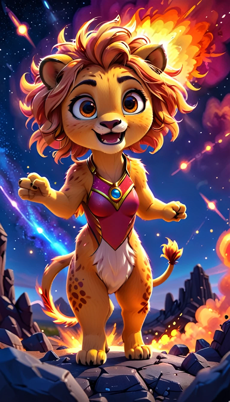 cute abby lion, standing on meteor ,cartoon, meteor, fire sky,arms, , cute eyes, looking at viewer, hands up, effects background, particles