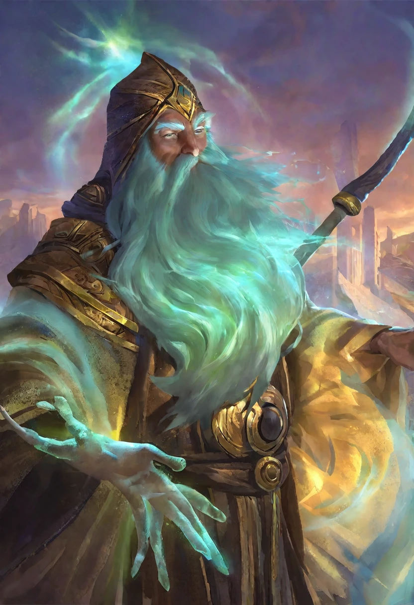 A wizard, detailed portrait, ornate robes, long beard, wise expression, magical staff, glowing aura, cinematic lighting, fantasy landscape, dramatic sky, ancient ruins, mystical energy, intricate details, painterly style, muted color palette, richly textured, award-winning digital art