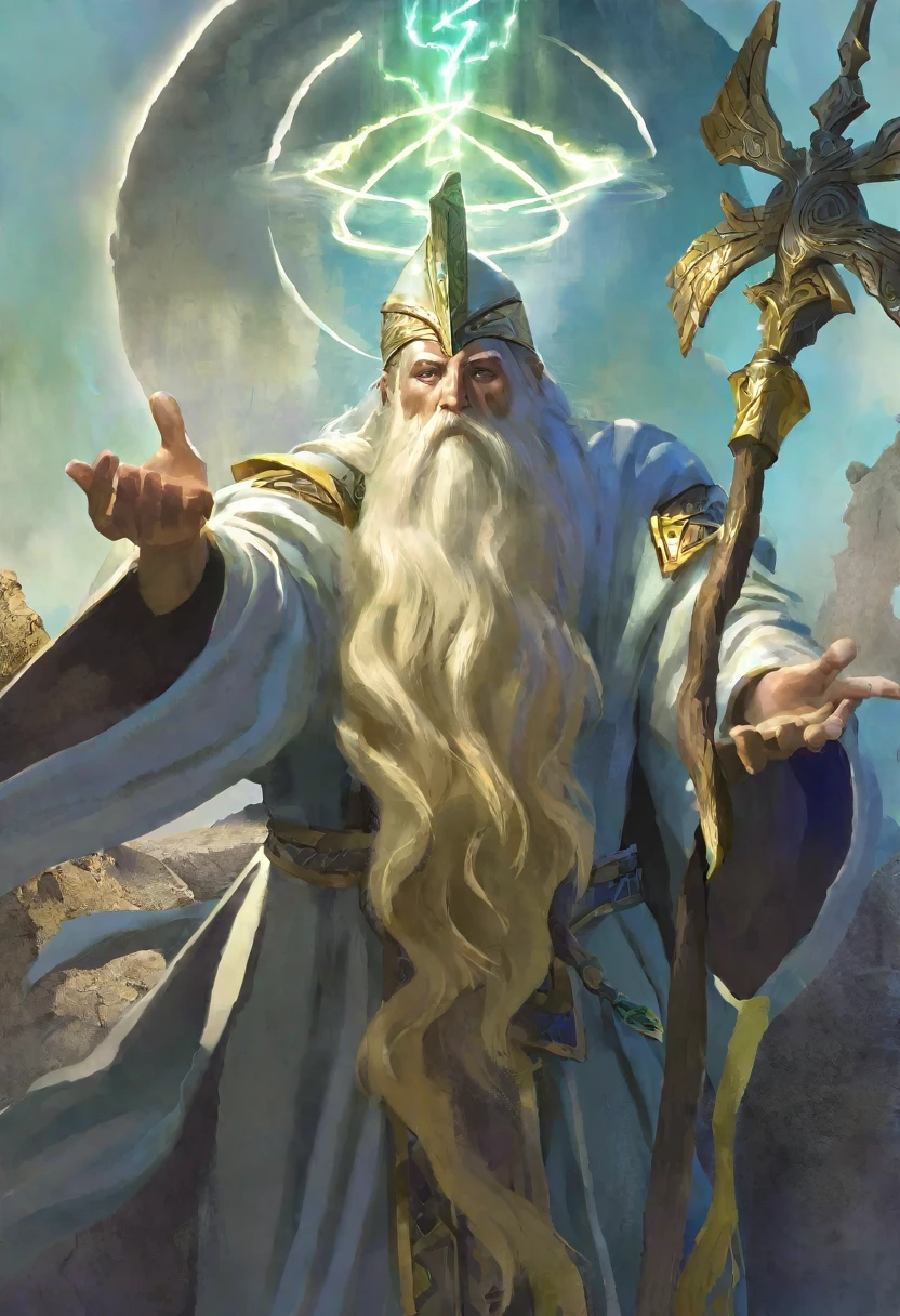 A wizard, detailed portrait, ornate robes, long beard, wise expression, magical staff, glowing aura, cinematic lighting, fantasy landscape, dramatic sky, ancient ruins, mystical energy, intricate details, painterly style, muted color palette, richly textured, award-winning digital art