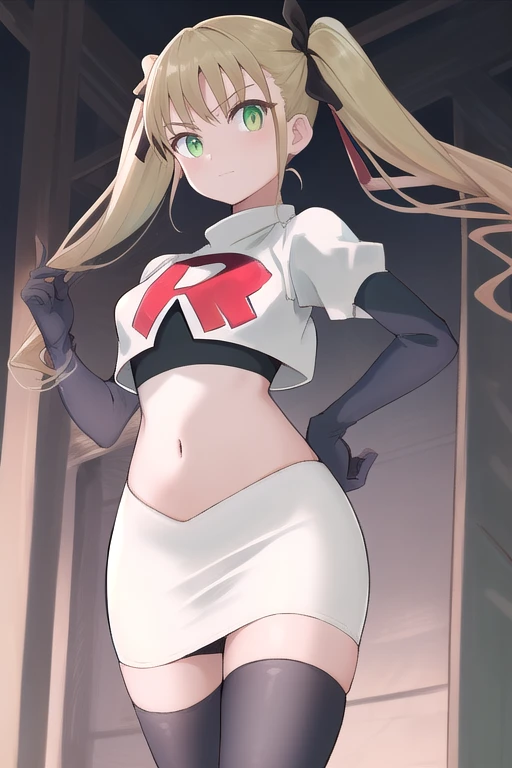 masterpiece, best quality, highres, 1girl twintails hair ribbon, green eyes, team rocket,team rocket uniform,white skirt,red letter R,crop top,black thigh-highs,black elbow gloves