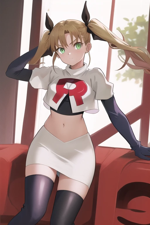 masterpiece, best quality, highres, 1girl twintails hair ribbon, green eyes, team rocket,team rocket uniform,white skirt,red letter R,crop top,black thigh-highs,black elbow gloves